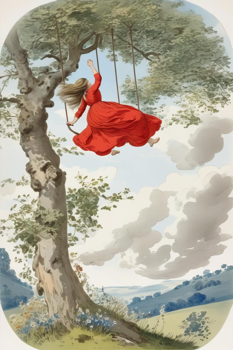 00365-2752053795-_lora_Richard Dadd Style_1_by Richard Dadd Style - Blue sky and white clouds, a long-haired girl in a red dress is swinging unde.png